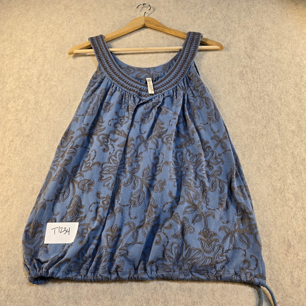 Aventura Clothing Womens L Blue Floral Scroll Bubble Hem Tank Top Embroidered